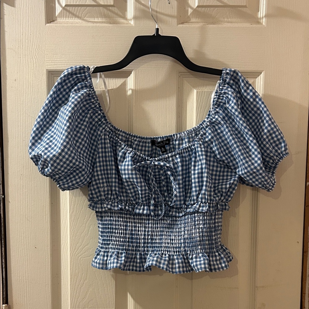 Blue Gingham Puff Sleeve Top
